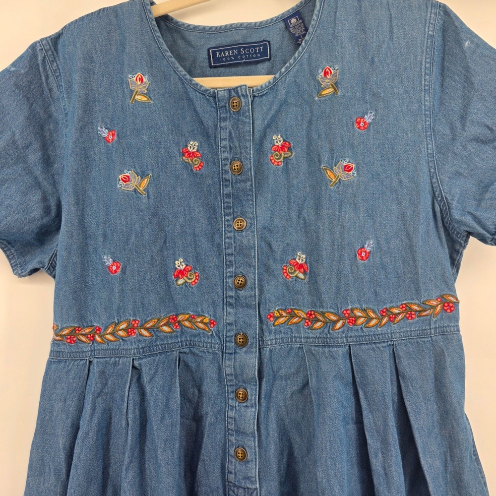 Karen Scott L Denim Dress Floral Embroidered Button Front Short Sleeve midi maxi - Picture 3 of 11
